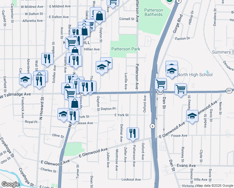 map of restaurants, bars, coffee shops, grocery stores, and more near 269 Luedella Court in Akron