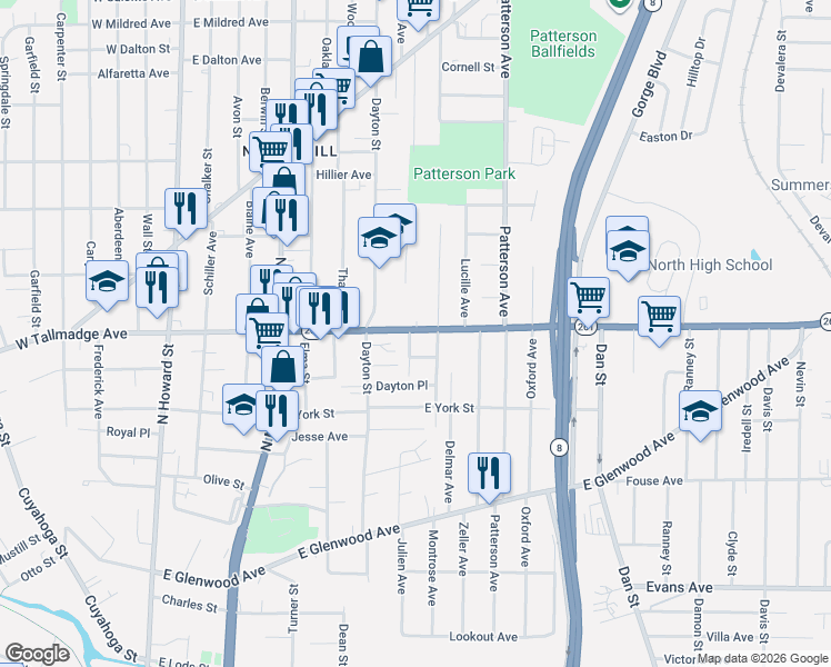 map of restaurants, bars, coffee shops, grocery stores, and more near 269 Luedella Court in Akron