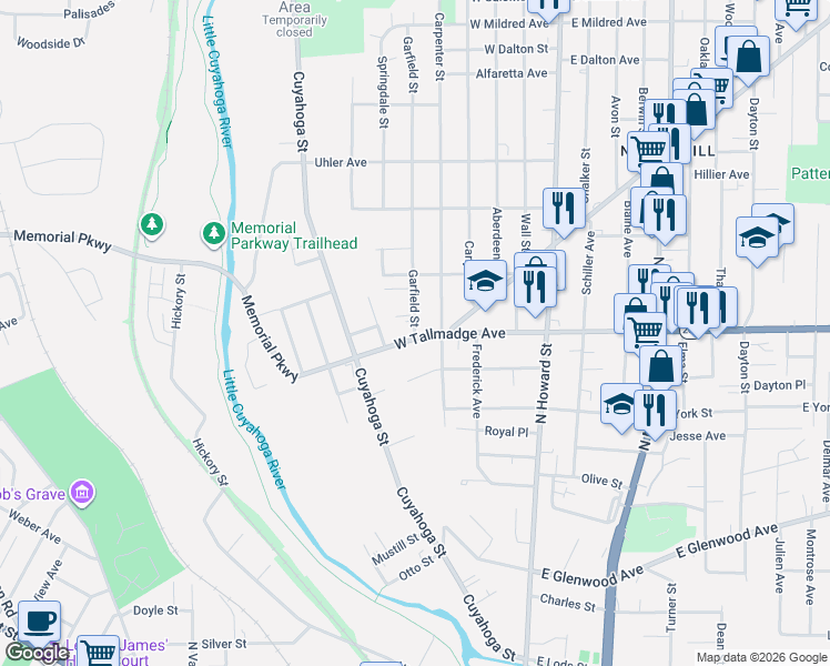 map of restaurants, bars, coffee shops, grocery stores, and more near 144 West Tallmadge Avenue in Akron