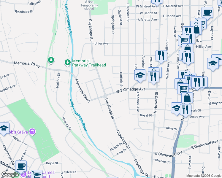 map of restaurants, bars, coffee shops, grocery stores, and more near 190 West Tallmadge Avenue in Akron
