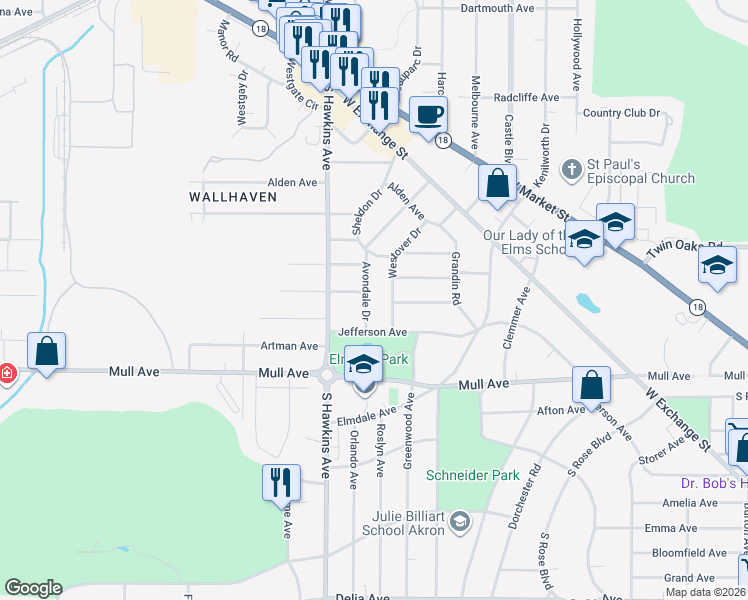 map of restaurants, bars, coffee shops, grocery stores, and more near 1557 Jefferson Avenue in Akron