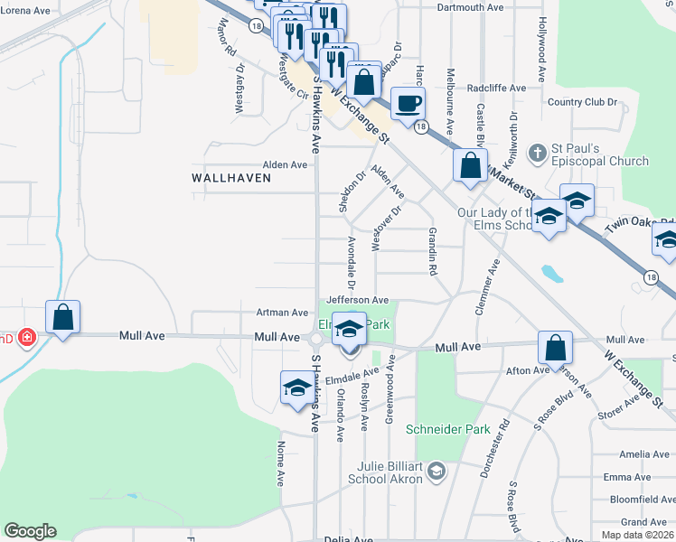 map of restaurants, bars, coffee shops, grocery stores, and more near 1599 Jefferson Avenue in Akron