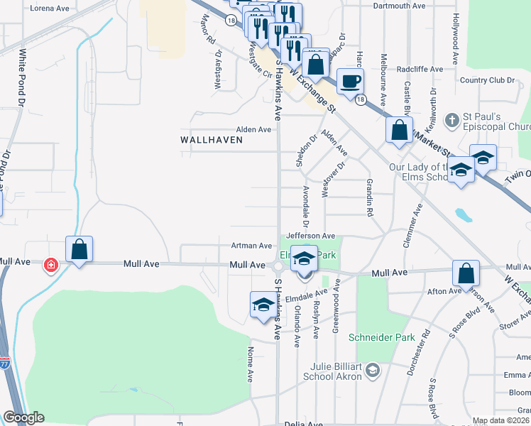 map of restaurants, bars, coffee shops, grocery stores, and more near 1505 Marlowe Avenue in Akron
