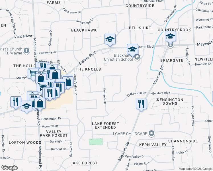 map of restaurants, bars, coffee shops, grocery stores, and more near 2202 Skyhawk Drive in Fort Wayne