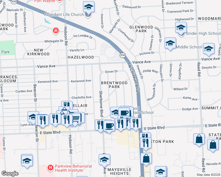 map of restaurants, bars, coffee shops, grocery stores, and more near 2713 Bosworth Drive in Fort Wayne