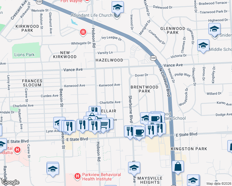 map of restaurants, bars, coffee shops, grocery stores, and more near 2713 Nordholme Avenue in Fort Wayne