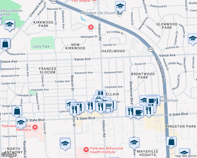 map of restaurants, bars, coffee shops, grocery stores, and more near 2711-2721 Hobson Road in Fort Wayne