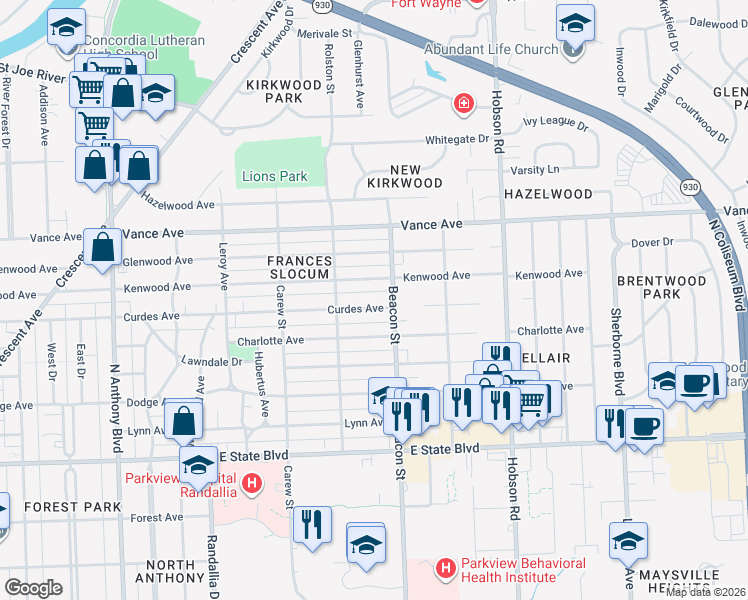 map of restaurants, bars, coffee shops, grocery stores, and more near 2730 Curdes Avenue in Fort Wayne