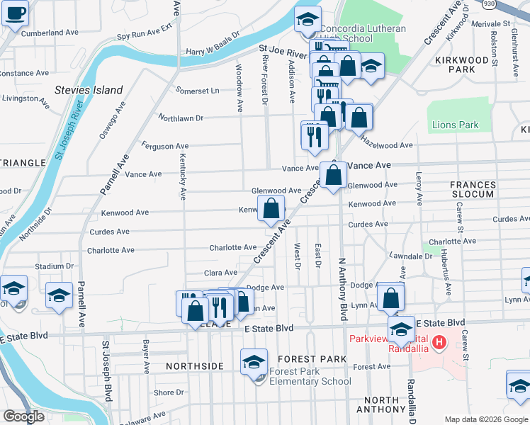 map of restaurants, bars, coffee shops, grocery stores, and more near 1435 Curdes Avenue in Fort Wayne