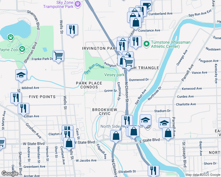 map of restaurants, bars, coffee shops, grocery stores, and more near 2811 Westbrook Drive in Fort Wayne