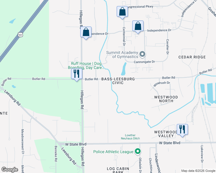 map of restaurants, bars, coffee shops, grocery stores, and more near 3515 Butler Road in Fort Wayne