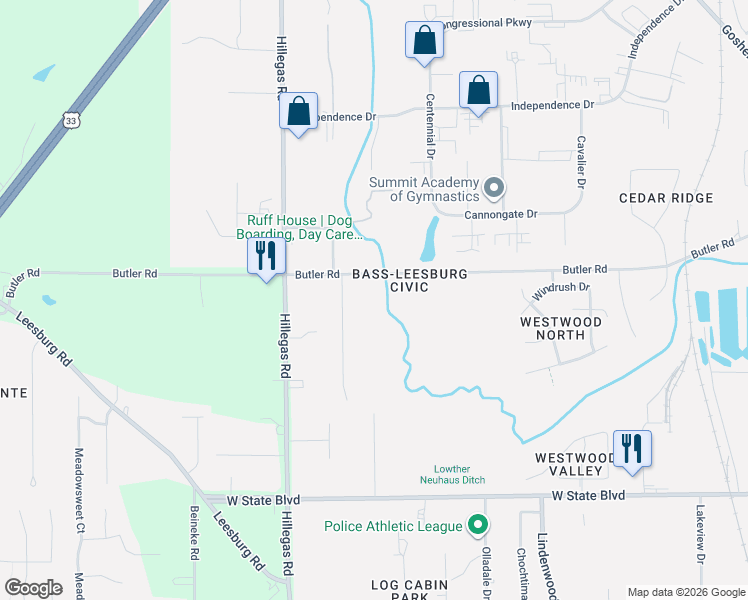 map of restaurants, bars, coffee shops, grocery stores, and more near 3515 Butler Road in Fort Wayne