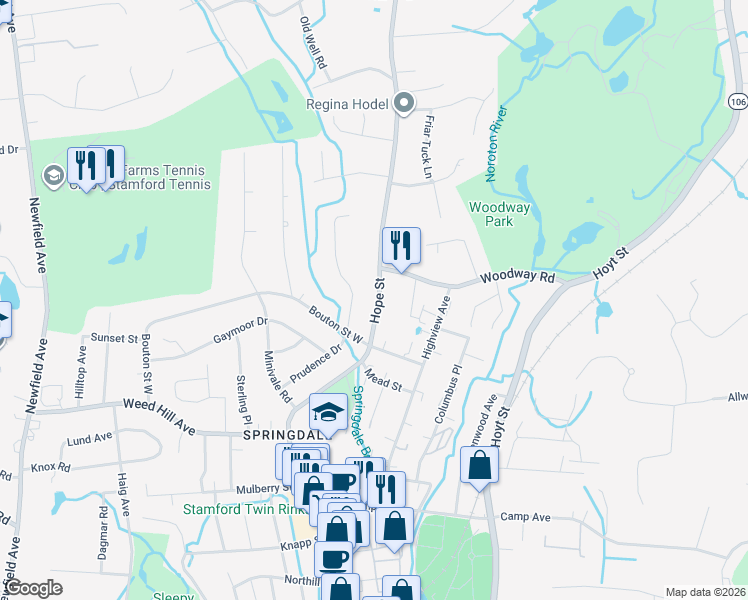 map of restaurants, bars, coffee shops, grocery stores, and more near 1285 Hope Street in Stamford