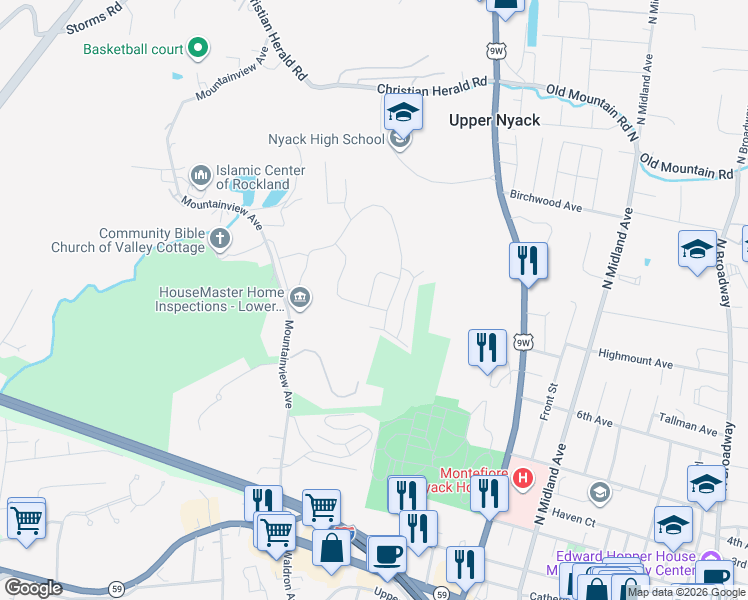 map of restaurants, bars, coffee shops, grocery stores, and more near 451 Sierra Vista Lane in Valley Cottage
