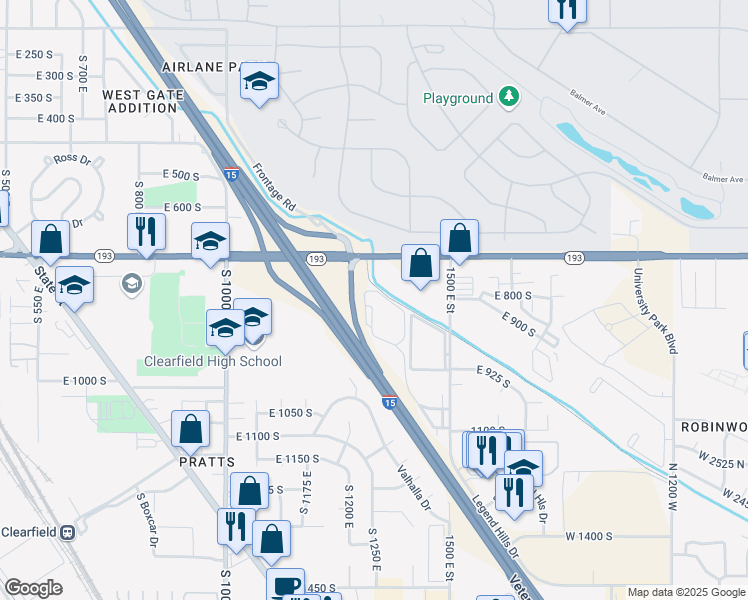 map of restaurants, bars, coffee shops, grocery stores, and more near 1080 South 1500 East in Clearfield