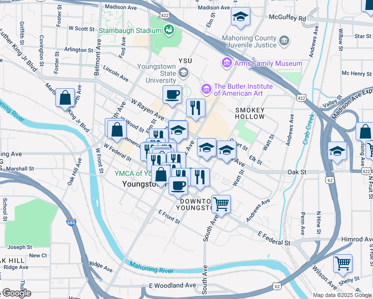 map of restaurants, bars, coffee shops, grocery stores, and more near 222 Wick Avenue in Youngstown