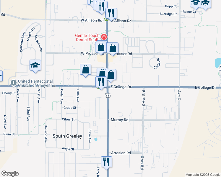 map of restaurants, bars, coffee shops, grocery stores, and more near 1701 South Greeley Highway in Cheyenne
