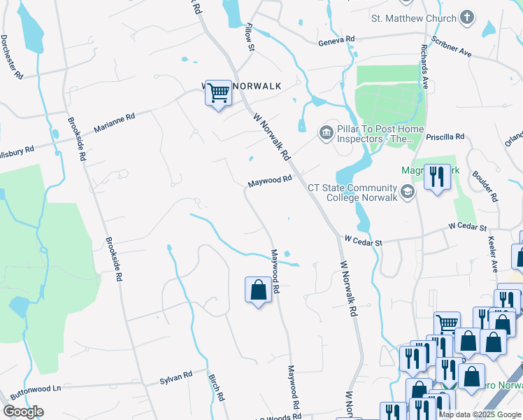 map of restaurants, bars, coffee shops, grocery stores, and more near 98 Maywood Road in Norwalk