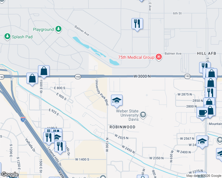 map of restaurants, bars, coffee shops, grocery stores, and more near 2896 North 1175 West in Layton