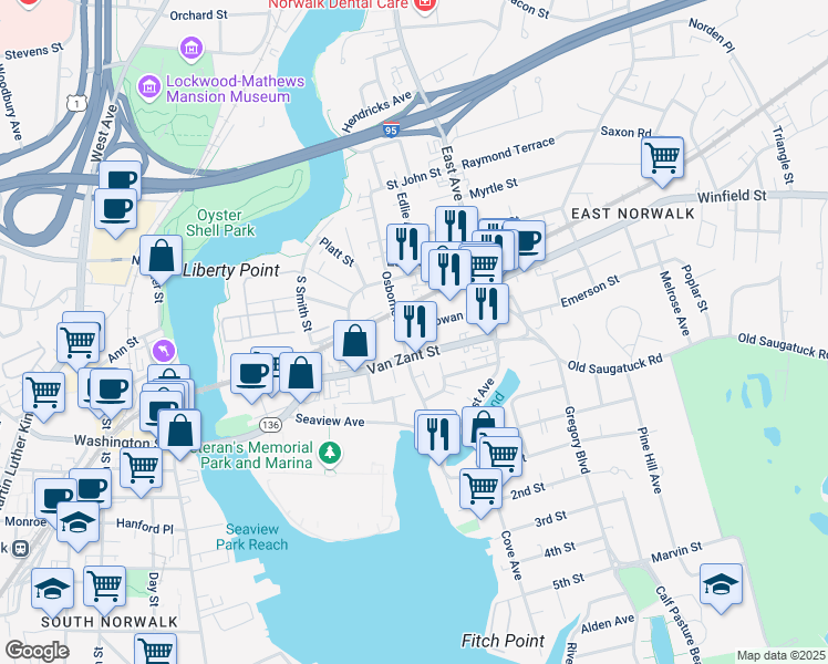 map of restaurants, bars, coffee shops, grocery stores, and more near 35 Connecticut 136 in Norwalk