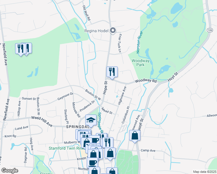 map of restaurants, bars, coffee shops, grocery stores, and more near 1285 Hope Street in Stamford