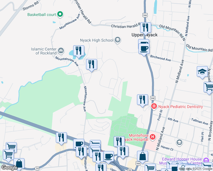 map of restaurants, bars, coffee shops, grocery stores, and more near 221 Mountainview Avenue in Nyack