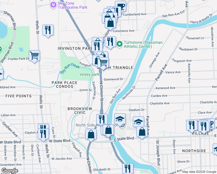 map of restaurants, bars, coffee shops, grocery stores, and more near 333 Grove Street in Fort Wayne