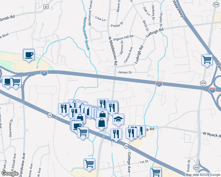 map of restaurants, bars, coffee shops, grocery stores, and more near 75 North Middletown Road in Nanuet