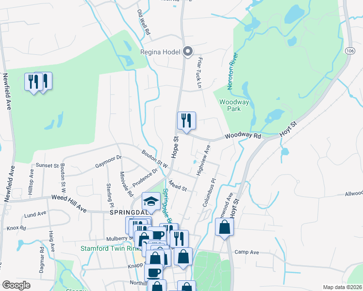 map of restaurants, bars, coffee shops, grocery stores, and more near 1285 Hope Street in Stamford