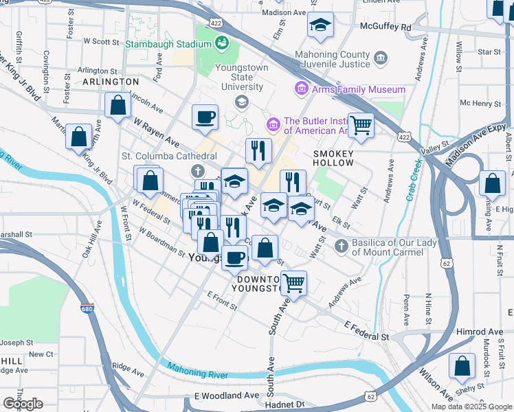 map of restaurants, bars, coffee shops, grocery stores, and more near 223 Wick Avenue in Youngstown