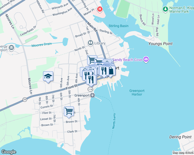 map of restaurants, bars, coffee shops, grocery stores, and more near 124 Front Street in Greenport