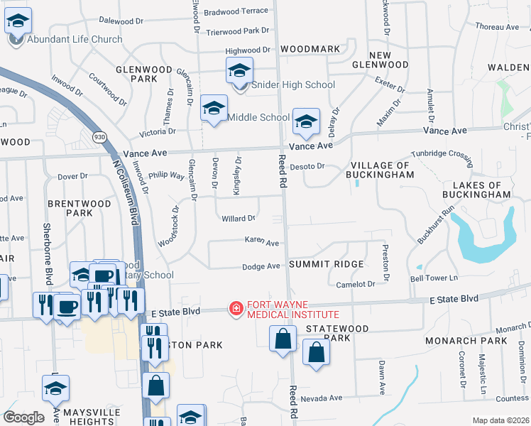 map of restaurants, bars, coffee shops, grocery stores, and more near 4600-4698 Woodstock Ave in Fort Wayne