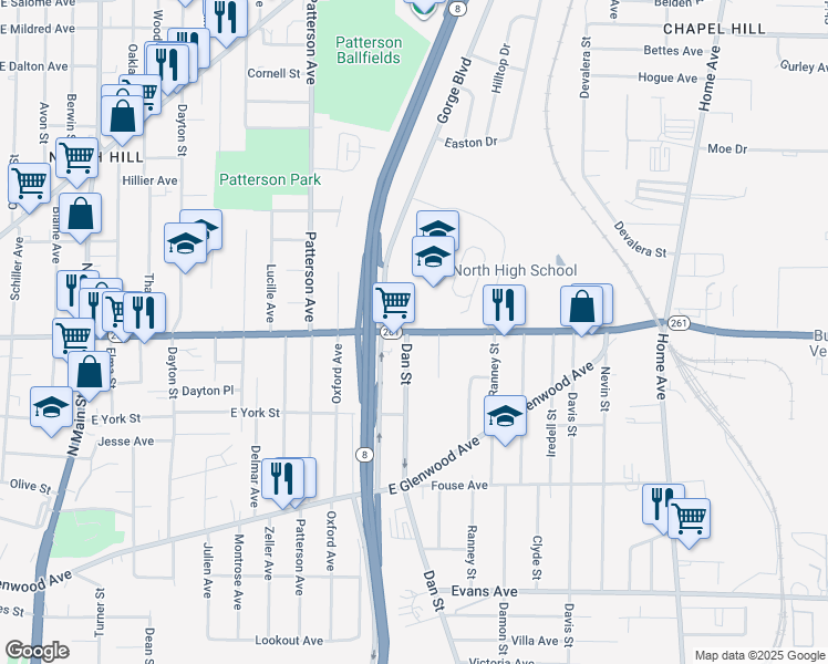 map of restaurants, bars, coffee shops, grocery stores, and more near 464 East Tallmadge Avenue in Akron