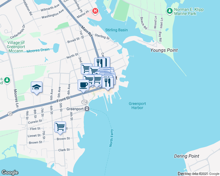 map of restaurants, bars, coffee shops, grocery stores, and more near in Greenport