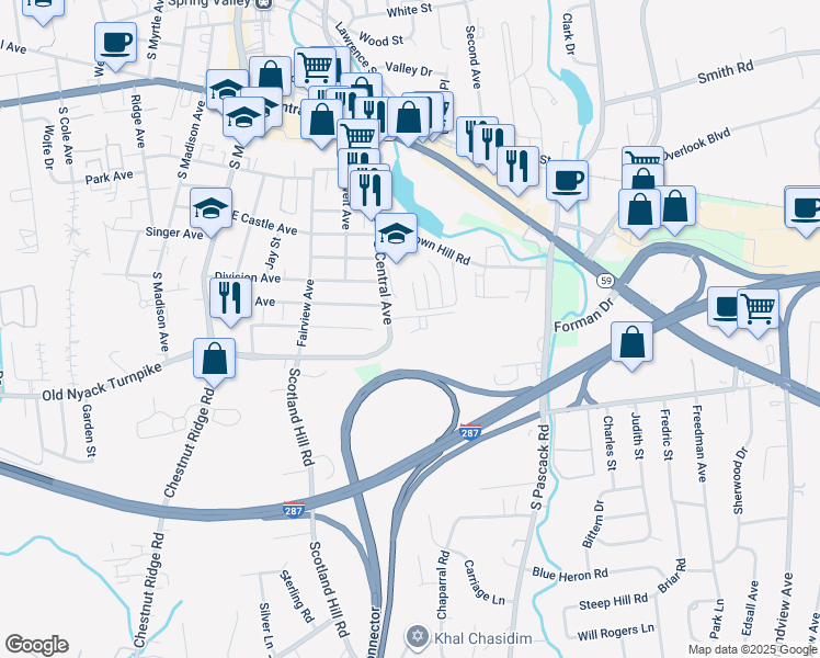 map of restaurants, bars, coffee shops, grocery stores, and more near 105 Maplewood Gardens in Nanuet