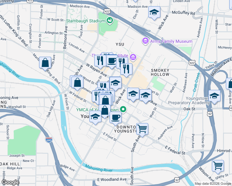 map of restaurants, bars, coffee shops, grocery stores, and more near 224 North Phelps Street in Youngstown