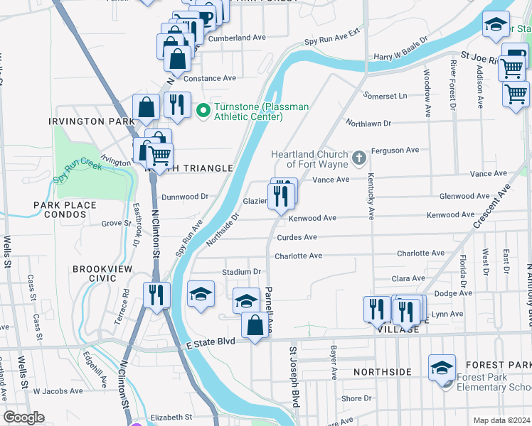 map of restaurants, bars, coffee shops, grocery stores, and more near 715 Glazier Avenue in Fort Wayne