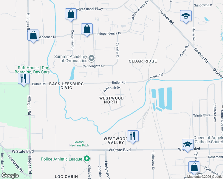 map of restaurants, bars, coffee shops, grocery stores, and more near 2779-3107 Butler Rd in Fort Wayne