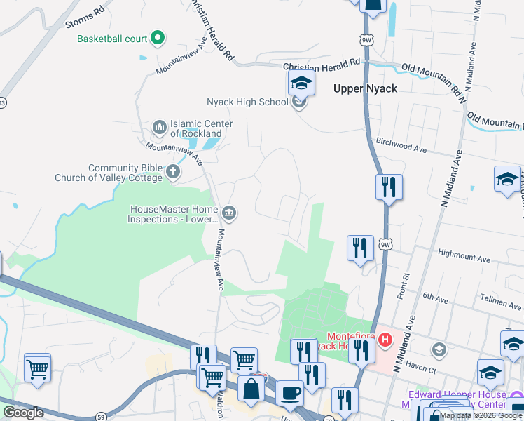 map of restaurants, bars, coffee shops, grocery stores, and more near 382 Sierra Vista Lane in Valley Cottage
