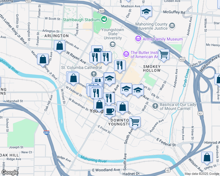 map of restaurants, bars, coffee shops, grocery stores, and more near 20 West Wood Street in Youngstown