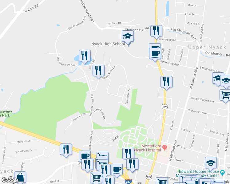 map of restaurants, bars, coffee shops, grocery stores, and more near 426 Sierra Vista Lane in Valley Cottage