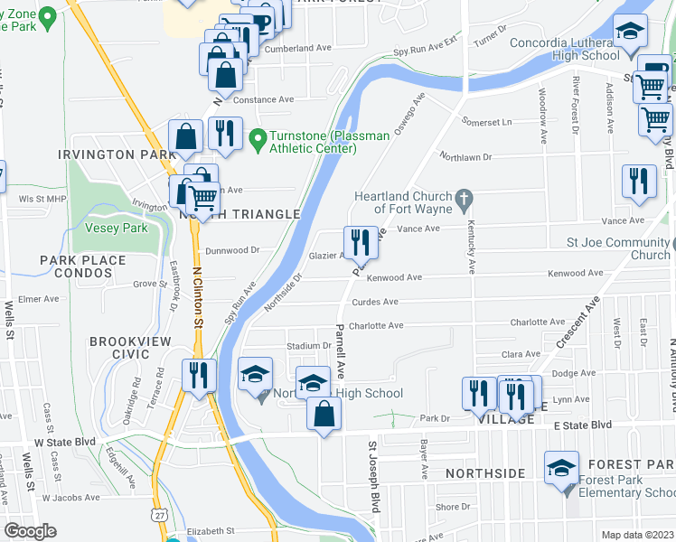 map of restaurants, bars, coffee shops, grocery stores, and more near 627 Kenwood Avenue in Fort Wayne