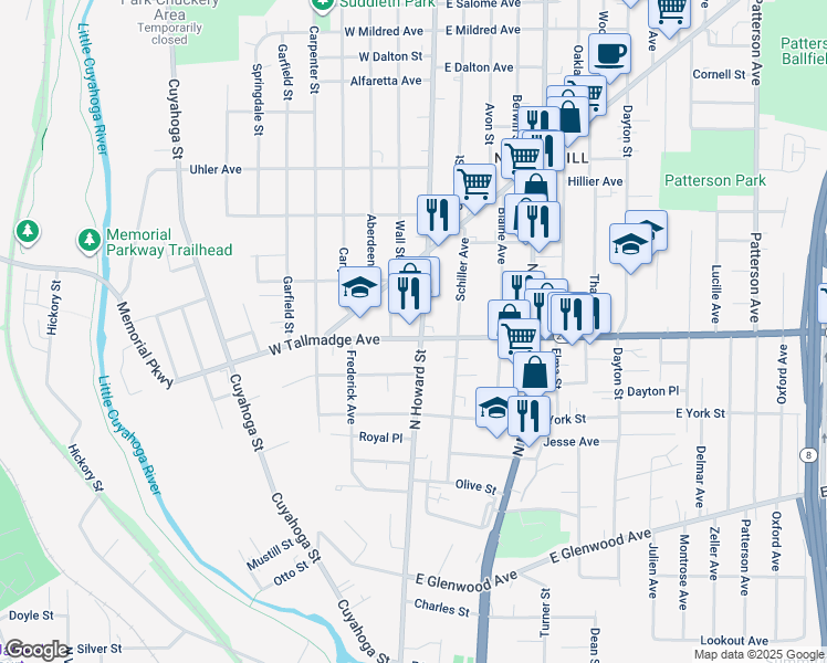 map of restaurants, bars, coffee shops, grocery stores, and more near 640-644 North Howard Street in Akron