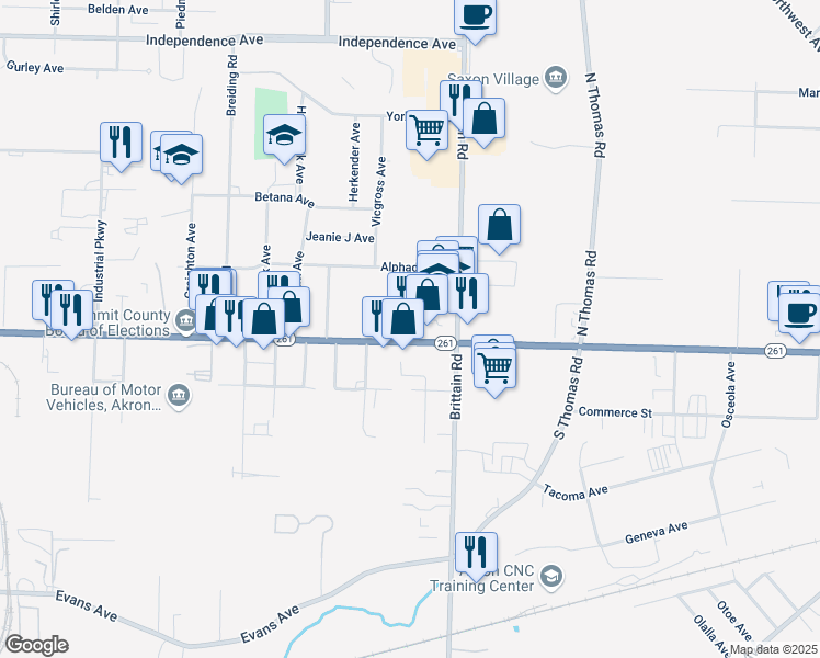 map of restaurants, bars, coffee shops, grocery stores, and more near 1295 East Tallmadge Avenue in Akron