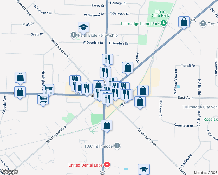 map of restaurants, bars, coffee shops, grocery stores, and more near 76 Tallmadge Circle in Tallmadge