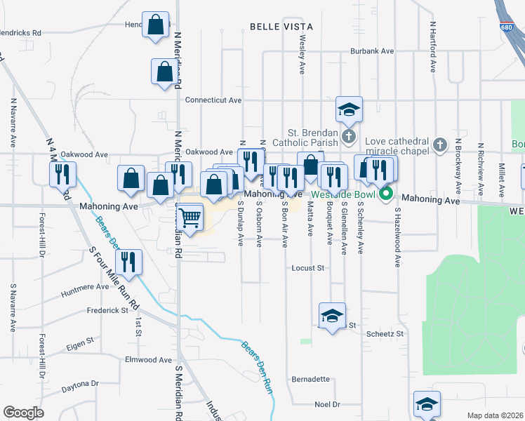 map of restaurants, bars, coffee shops, grocery stores, and more near 3143 Mahoning Avenue in Youngstown