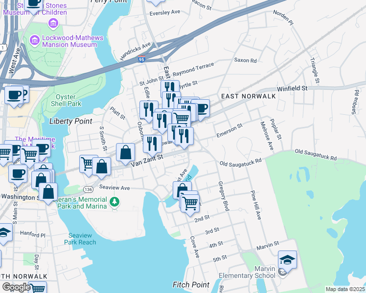 map of restaurants, bars, coffee shops, grocery stores, and more near 244 East Avenue in Norwalk