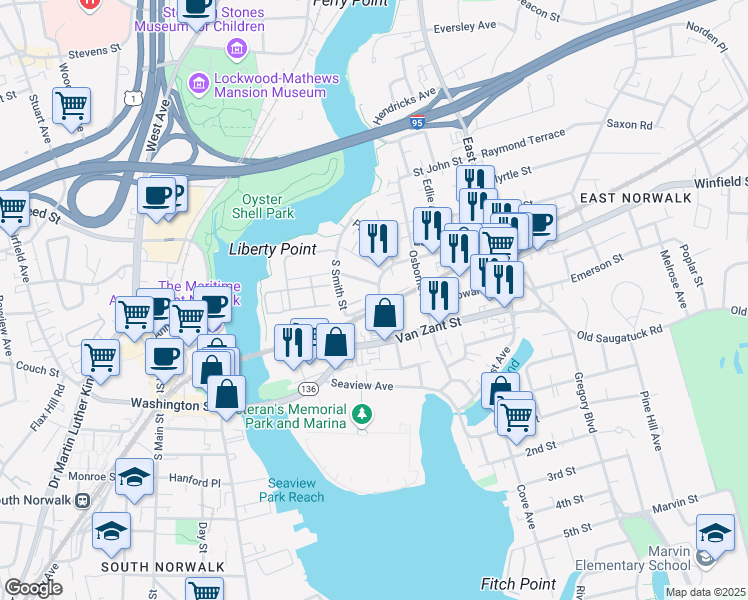 map of restaurants, bars, coffee shops, grocery stores, and more near 4 Reynolds Street in Norwalk