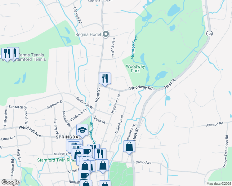 map of restaurants, bars, coffee shops, grocery stores, and more near 60 Woodway Road in Stamford