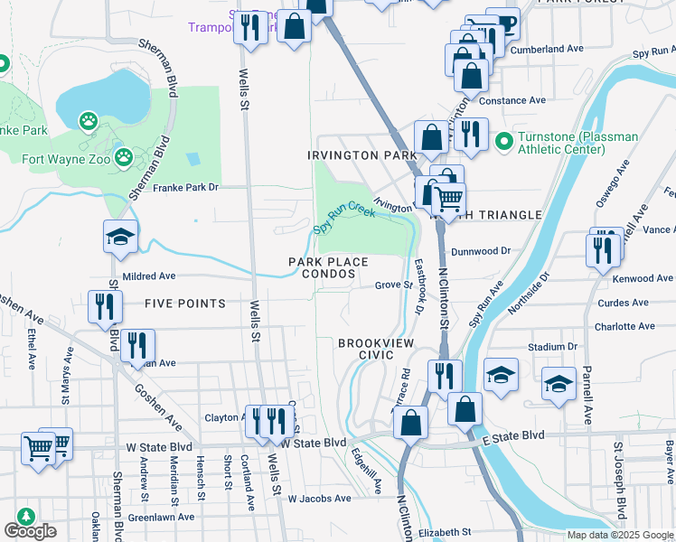 map of restaurants, bars, coffee shops, grocery stores, and more near 100 Young Drive in Fort Wayne
